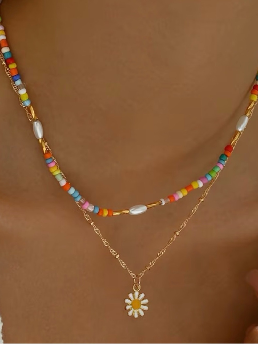 Gold Daisy Pendant + Multicolor Beaded Layered Necklace